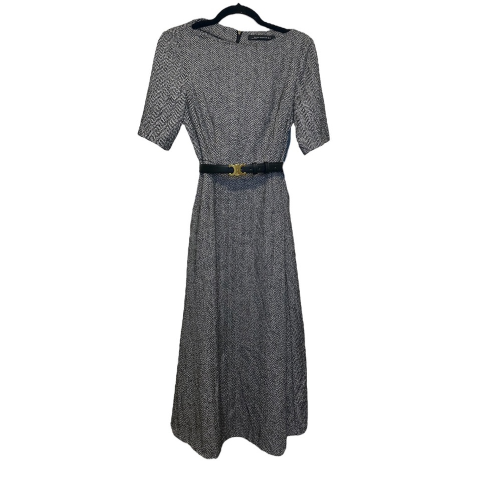 Zara Woman Herringbone Tweed Midi Dress Size S Black White Short Sleeve